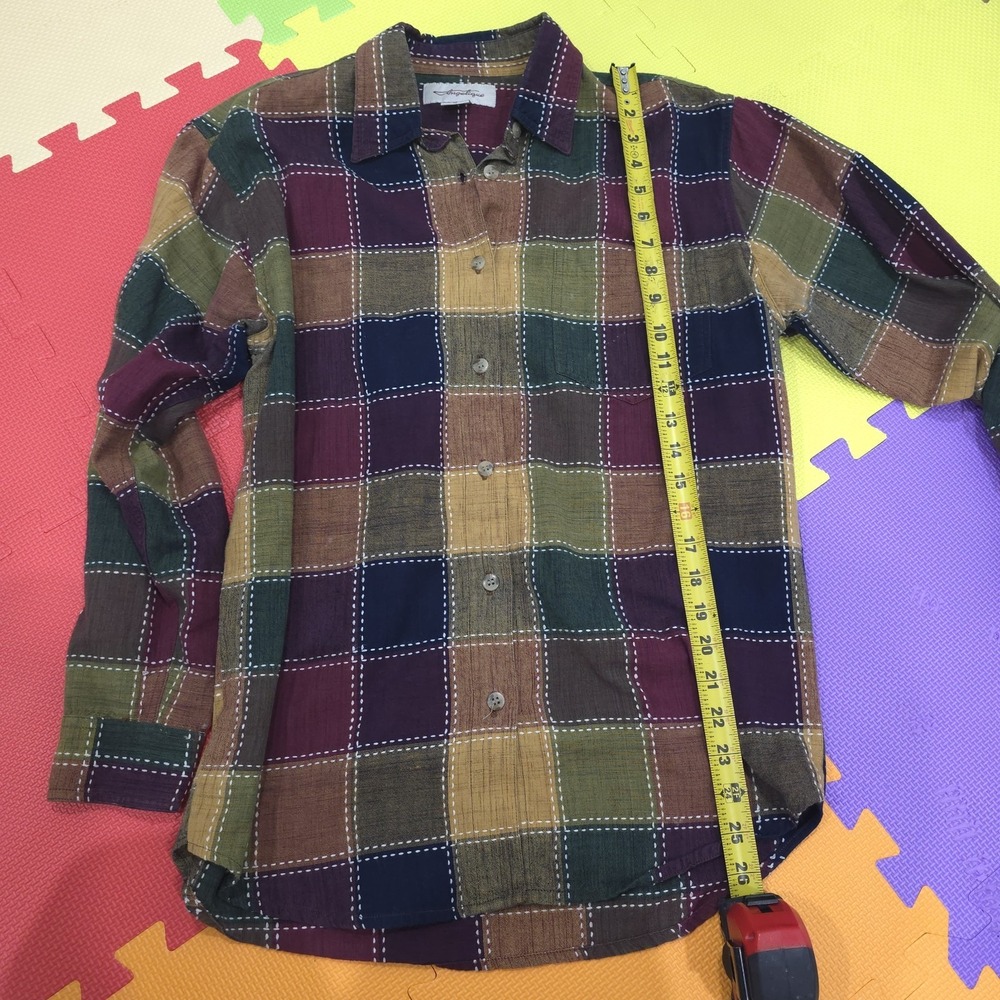Angelique Women's Cotton Plaid Button Up Shirt Medium Patchwork Multi-Color Boho